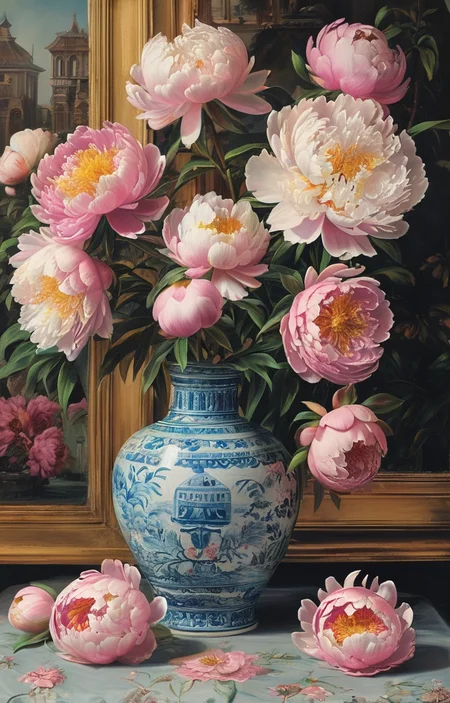 masterpiece,best quality,<lora:tbh343-sdxl:0.75>,illustration,style of Mario Buatta decaying peonies