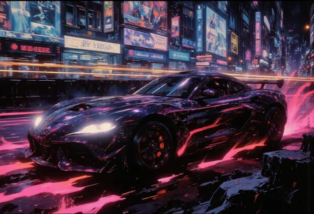A sleek advanced cyberpunk sports car races through the rain-soaked streets of a neon-lit megacity, its angular body glowing with streaks of neon pink and electric blue. The car's aerodynamic design is enhanced by pulsating energy conduits running along its chassis, with glowing wheels that leave behind faint, burning trails of light. The bright neon headlights cut through the thick fog, illuminating the chaotic streets lined with holographic billboards and flickering neon signs. In the background, towering skyscrapers and hovering drones loom over the scene, casting sharp reflections on the car's glossy surface. The cockpit, visible through a dark, polarized canopy, is filled with an array of glowing controls and holographic displays. Lightning flashes in the distant sky, illuminating the sharp angles of the cityscape, while light particles and sparks dance in the air. The roar of the engine echoes through the urban canyon, a mechanical growl that speaks of raw power and defiance in a cruel dystopian world.best quality,perfect shading,great lighting,dynamic composition,highres,high dynamic,motion lines,(dutch angle:1.5),cinematic