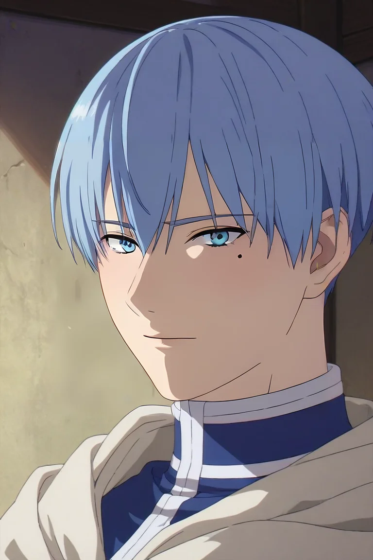 score_9, score_8_up, score_7_up, source_anime, (realistic:0.6), looking at viewer, , , 1boy, solo, male focus, <lora:himmel_sousou_no_frieren_pony:0.82>, himmel_sousou_no_frieren, blue hair, blue eyes, short hair, mole under eye, , biopunk, , <lora:sdxl_lightning_8step_lora:1>