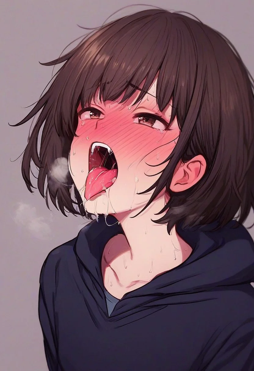 score_9, score_8_up, score_7_up, score_6_up, score_5_up, score_4_up,
hoodie, long sleeves, teeth, blush, upper teeth, saliva trail, bottomless, tongue out, grey hoodie, saliva, hood down, 1girl, nose blush, solo, simple background, hood, drooling, heavy breathing, head out of frame, open mouth, black hoodie, facing viewer, brown hair, upper body, sweat, breath, black hair, collarbone, short hair, oral invitation, grey background, tongue