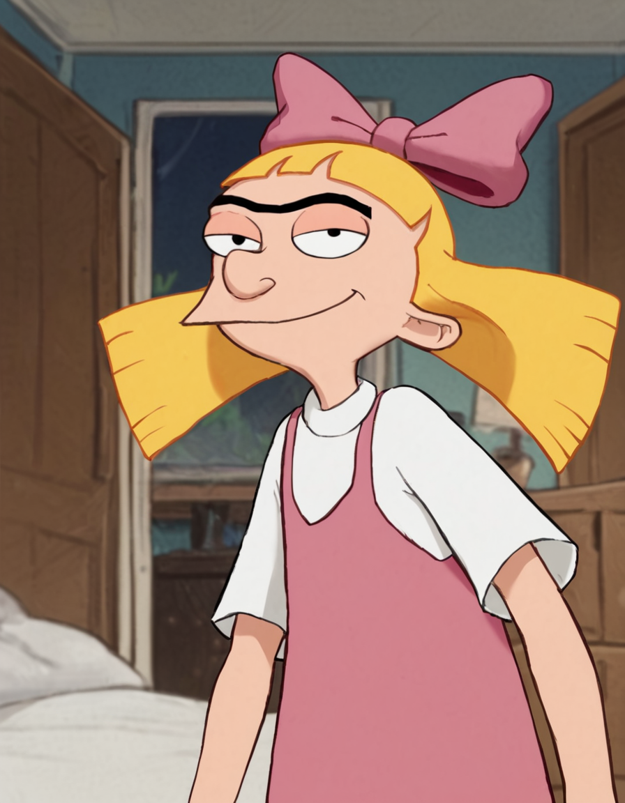 score_9_up, score_8_up, score_7_up, score_6_up, score_5_up, score_4_up BREAK helga g pataki (hey arnold), blonde hair, bow, hair bow, pink bow, bangs, blunt bangs, pink dress, white shirt, bedroom, seductive smile