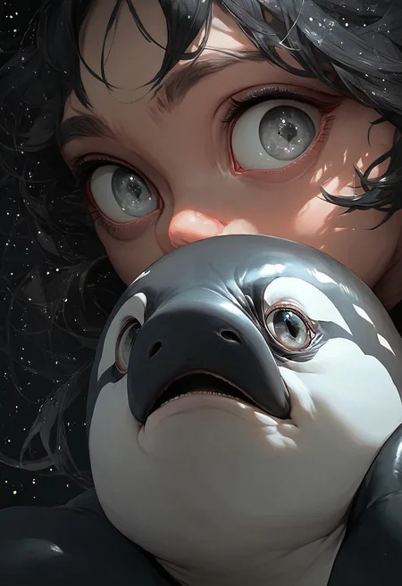 score_9, score_8_up, score_7_up, score_6_up, score_5_up, score_4_up, male and an orca, (black star:1.2), girl has bronze hair and gray eyes, small eyes, galaxy, black background