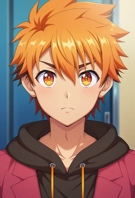 masterpiece, best quality, intricate details, anime screencap, anime coloring, official style, looking at viewer, depth of field, 1boy, solo, male focus, <lora:hiro_akiba_ilxl:0.92>, hiro_akiba, orange hair, orange eyes, short hair, , ,