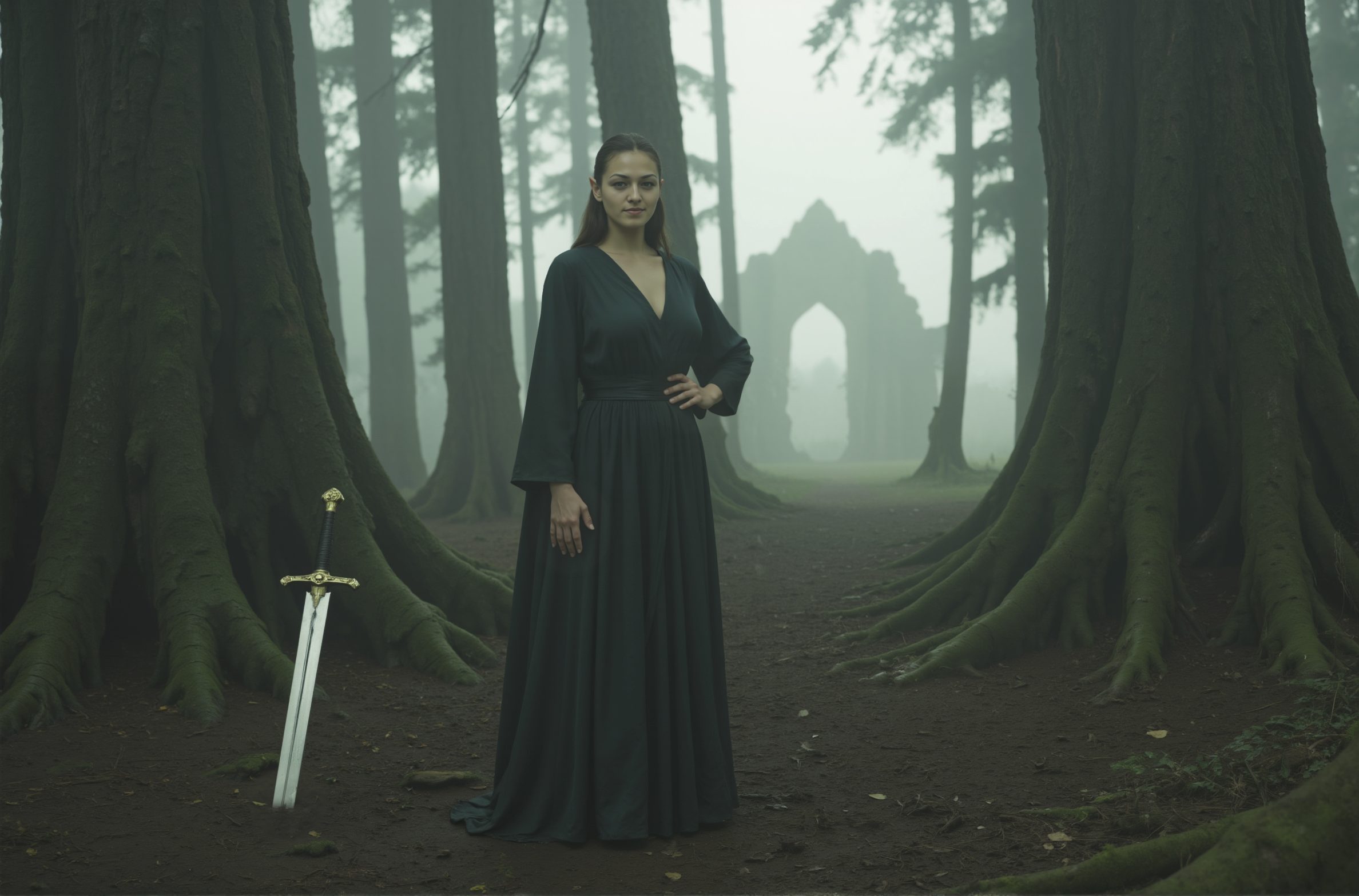 A cinematic photograph of SophieFMJ with elf ears in a mystical forest. A sword can be seen laying on the dirt ground in the background. In the far distances is a crumbling medieval castle. 