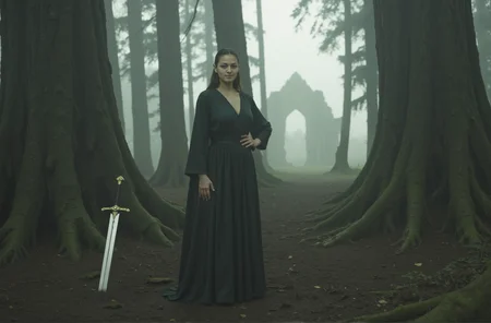 A cinematic photograph of SophieFMJ with elf ears in a mystical forest. A sword can be seen laying on the dirt ground in the background. In the far distances is a crumbling medieval castle.