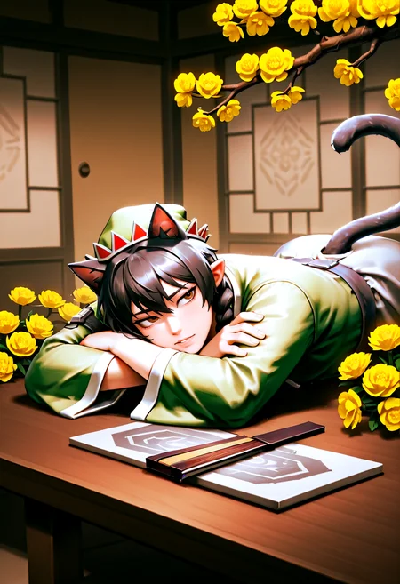 IllustriousQual <lora:StS-Illustrious-Detail-Slider-v1.0:2> <lora:cfg_scale_boost:0.3> <lora:Tinseltoes_IL_-_V1:1> TinseltoesIL, elf hat, black hair, twin braids, brown eyes,detailed_background,indoors,holding,crossed arms,cat tail,flower,yi sang \(project moon\),kemonomimi mode,yellow flower,branch,yellow eyes,1boy,wide sleeves,holding fan,limbus company,flaw eight,grey hanbok,folding fan,male focus,e.g.o \(project moon\),on stomach,spicebush \(e.g.o\),cat ears,lying,solo,folded fan,hand fan,long sleeves,tail,project moon,black hair,animal ears,korean clothes,technology liberation alliance \(identity\) \(project moon\),short hair