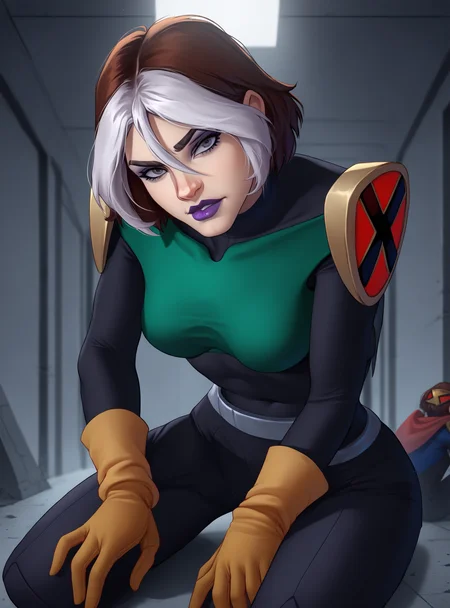zPDXL2, source_anime,
roguexl, 1girl, looking at viewer, short hair, bangs, gray eyes,
medium breasts, lipstick, purple lips, makeup, eyeshadow,
supersuit, yellow gloves,
<lora:roguexl:1>