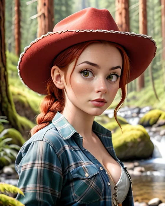 score_9, score_8, score_7, score_6, <lora:Jessie_the_Yodeling_Cowgirl_-_Toy_Story_PonyXL:1> Jes_sie, 1girl, red hair, hat, cowgirl, cleavage, hair in single braid, 1Female. Wearing unzipped flannel shirt. Open shirt. Hair is long bob cut swept to the Side. Highly detailed beautiful expressive eyes. Redwood Forest and creek in the background. Sensual, erotic, nudity. Photorealistic, Natural atmospheric lighting, intricate details, 35mm photograph, film, professional, 4k visuals, highly detailed, elegant, studio quality.