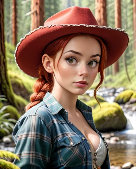 score_9, score_8, score_7, score_6, <lora:Jessie_the_Yodeling_Cowgirl_-_Toy_Story_PonyXL:1> Jes_sie, 1girl, red hair, hat, cowgirl, cleavage, hair in single braid, 1Female. Wearing unzipped flannel shirt. Open shirt. Hair is long bob cut swept to the Side. Highly detailed beautiful expressive eyes. Redwood Forest and creek in the background. Sensual, erotic, nudity. Photorealistic, Natural atmospheric lighting, intricate details, 35mm photograph, film, professional, 4k visuals, highly detailed, elegant, studio quality.