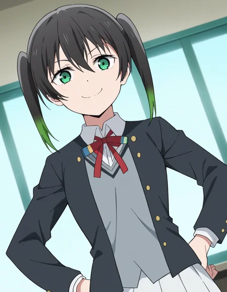 score_9, score_8_up, score_7_up, source_anime, <lora:yuu-takasaki-s2-ponyxl-lora-nochekaiser:1>, yuu takasaki, bangs, black hair, hair between eyes, twintails, green eyes, multicolored hair, green hair, medium hair, two-tone hair, gradient hair,, skirt, long sleeves, school uniform, jacket, red ribbon, black jacket, blazer, nijigasaki academy school uniform, white skirt,, indoors, smug, smile, looking at viewer, solo, hands on hips,, cowboy shot, dutch angle