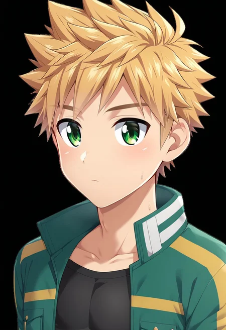 hikarishi_kenji_v2, blond hair, short hair, spiky hair, bangs, green eyes, 1boy, solo, solo focus, crop jacket