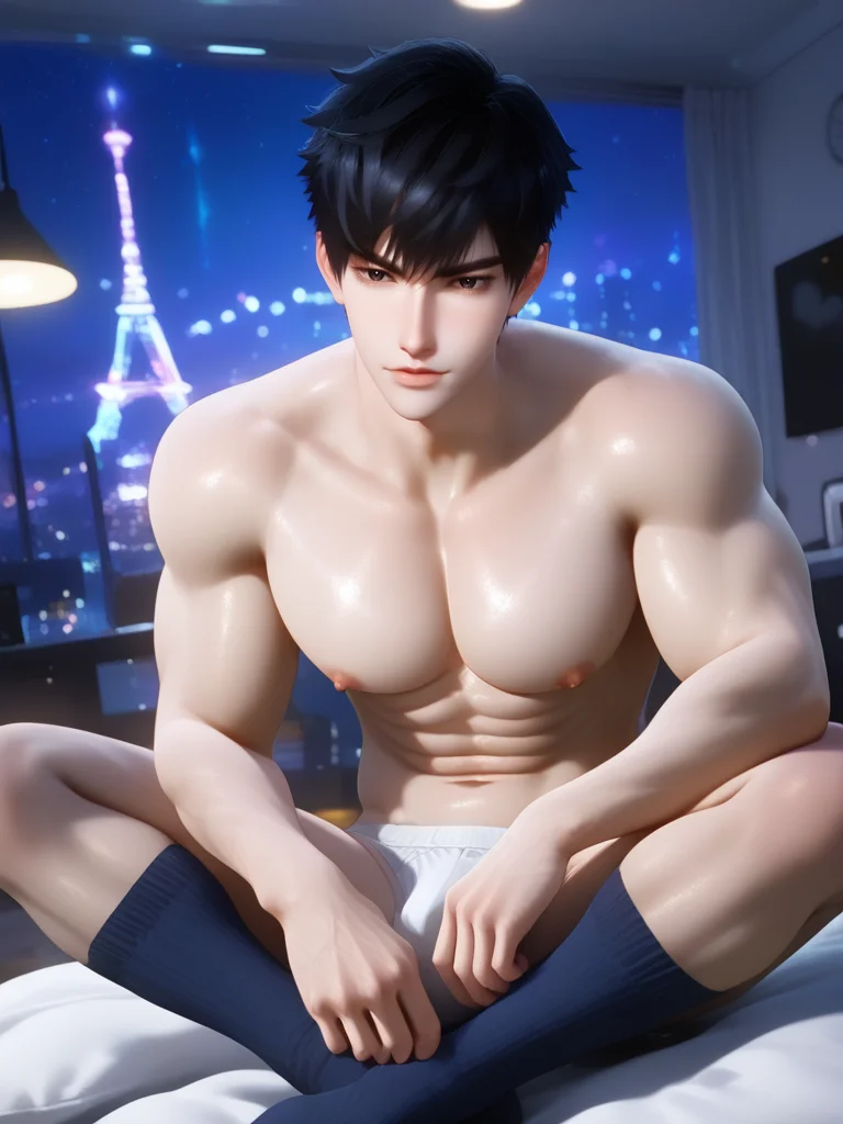 masterpiece,best quality,very awa,amazing quality,very aesthetic,absurdres,newest,newest,highres,absurdres,extremely detailed,best aesthetic,high resolution,photorealistic,semi-realistic,semi-realistic style,detailed features,detailed hair,realistic facial features,shiny skin,anatomy,perfect proportions,5fingers hand,detaile hand,3d style,blender Rendering,1boy,5toes BREAK solo,black hair,black eyes,short hair,<lora:linqiye>,linqiye,<lora:GoldenFieldsZho_Style:0.3>,<lora:dra_v0.2_cwhj:0.4>,<lora:illuxy illustrious style:0.5>,illuxy_style,goldenfieldszho,dra,detailed background,night,bedroom,sitting_on_bed,wearing white underwear,from the front,six-pack abs,large_pectorals,(put your hands behind your thighs:1.1),feet open,(feet in black socks:1.1),blue themed background,naked,