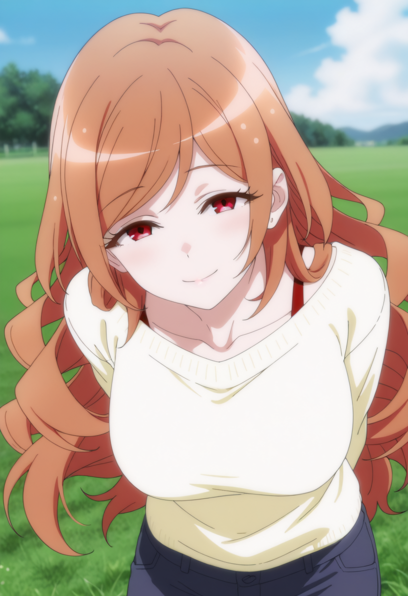 <lora:Eko:1>,eko,orange long hair,red eyes,solo,long hair,red eyes,
(Character),score_9, score_8_up, score_7_up, very aesthetic, source_anime, detailed, high quality, beautiful, masterpiece, detailed eyes, field, blurry background, pose dynamic angle, upper body, cowboy shot, light smile, floating hair, half-closed eyes, hands behind back, leaning forward, looking forward, looking at viewer.,