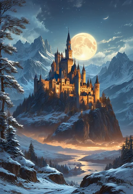 A captivating night scene illustration featuring a grand yet comfortable fortified castle  standing tall on a rocky and snowy mountain. The castle, adorned with multiple windows, emits a warm glow, highlighting its intricate architecture and rich history. The snow mountain is covered in great pine trees, reflecting on the calm, moonlit snow  that mirrors the silvery moonlight. The full moon graces the sky, casting an ethereal glow on the clouds and mountain, while wispy clouds partially obscure its brilliance, adding to the scene's mystique. Twinkling stars dot the sky, creating a celestial tapestry that harmonizes with the moon's radiance. This enchanting artwork captures a serene and peaceful night, where the illuminated castle  stands resolute amidst the celestial beauty, creating a cinematic experience., illustration, cinematic
<lora:DonM3t3rn1tyXL-v1.1:0.7>, DonM3t3rn1tyXL,
OverallDetailXL  <lora:MJ52:0.3>  <lora:SDXLFaeTastic2400:0.4>  <lora:EpicF4nta5yXL:0.7>
