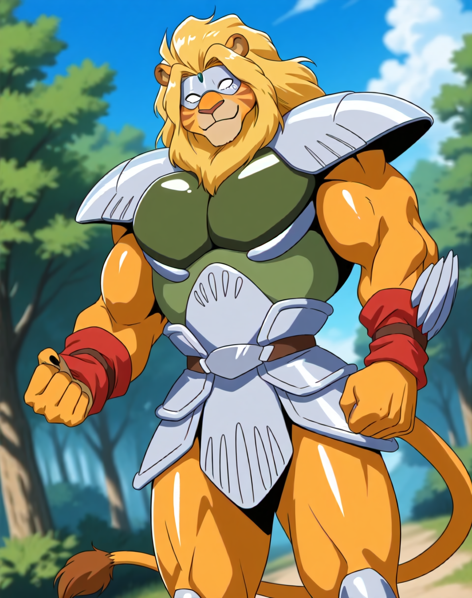 <lora:Kutal_(Shinzo)_(Illustrious)_(AD):1.35> Kutal, muscular, Shinzo, 
exterior, vivid anime blue sky with detailed clouds, forest, deep valley, 
dynamic action, dutch angle, solid white eyes, smile, mighty and strong, solo, eye mask, cowboy shot, lion tail, bent leg, yellow hair, 
large biceps, large muscular shoulders, large muscular arms, large muscular thighs, hyper muscular, orange body, orange fur, orange skin, glossy body, seductive, erotic, 
BREAK: very awe, aesthetically pleasing, masterpiece, best quality, amazing quality, very aesthetic, perfect depth of field shot, subsurface reflections, gradient coloring, source_furry, furry_art, 
BREAK: lazympos, lazypos (3),