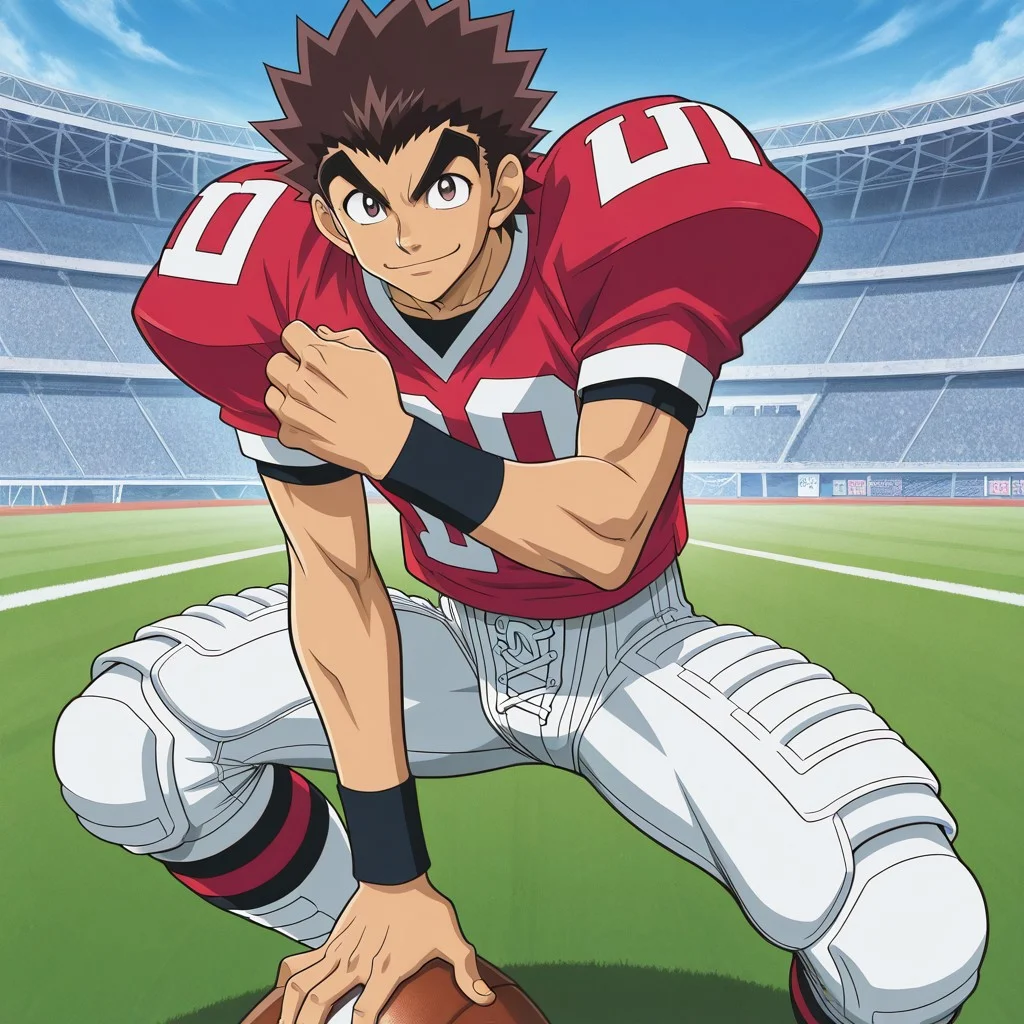 official art, male, High Quality, perfect anatomy, HD, anime style, break
TAROU RAIMON, 1boy, alone, brown hair, big human ears, thick eyebrows, dark brown eyes, athletic build, smiling, posing, looking at viewer, football uniform, tight uniform, red and white uniform, football field, squating,