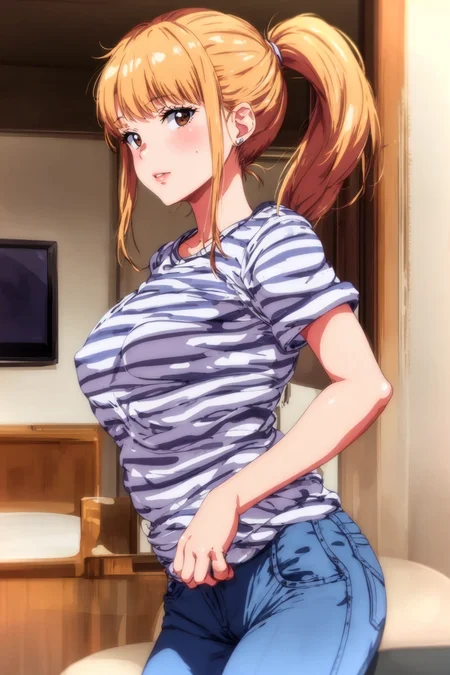 <lora:LCM_LoRA_Weights_SD15:0.3>, (masterpiece), (best quality), <lora:H.Aika:0.8>, h.aika, solo, ring, jewelry, sharp focus, BREAK, living room, striped shirt, jeans, looking at viewer, ponytail, shirt lift, nipples