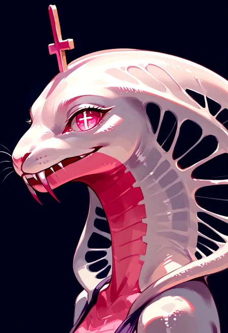 score_9, score_8_up, score_7_up, easynegative, realistic style, symphtia-style, detailed face, solo, anthro, furry, Expressiveh, masterpiece, raw quality, best quality, extremely detailed, stunning beautiful, high definition, HD, cute, Median(FV), anthro, furry, Snake girl, anthro, female reptile, white and pink body, holes in snake hood, long tail, pink eyes, cross shaped pupils, head ornament (cross), fangs, looking at viewer, light smile, 3/4 view, side view, close-up, portrait, BREAK masterpiece, best quality, very aesthetic, perfect eyes, open smile,