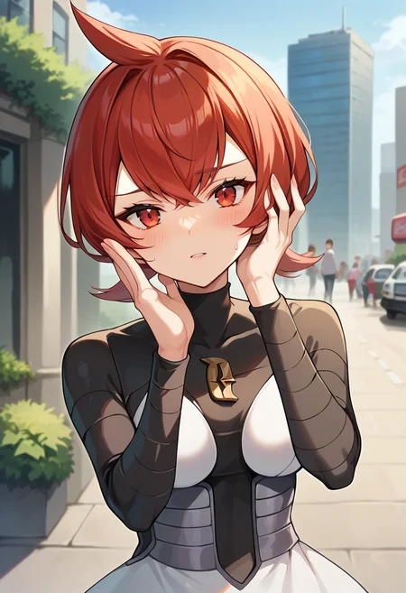 score_9, score_8_up, score_7_up, source_anime, masterpiece, 1girl, red hair, ctianm4rs, bodysuit, short dress, outdoors, city, depth of field, looking at viewer, close-up, blush, hand on face, <lora:Mars_pokemon_pony_ct_version2:1>