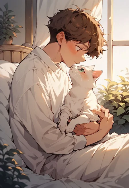 score_9, score_8_up, score_7_up, score_6_up,  p3tl0v3, 1boy, brown hair, cat, holding and kiss the cat, blush, sit on bed, bedroom windows with garden view, white translucent curtain, windy, open eyes,