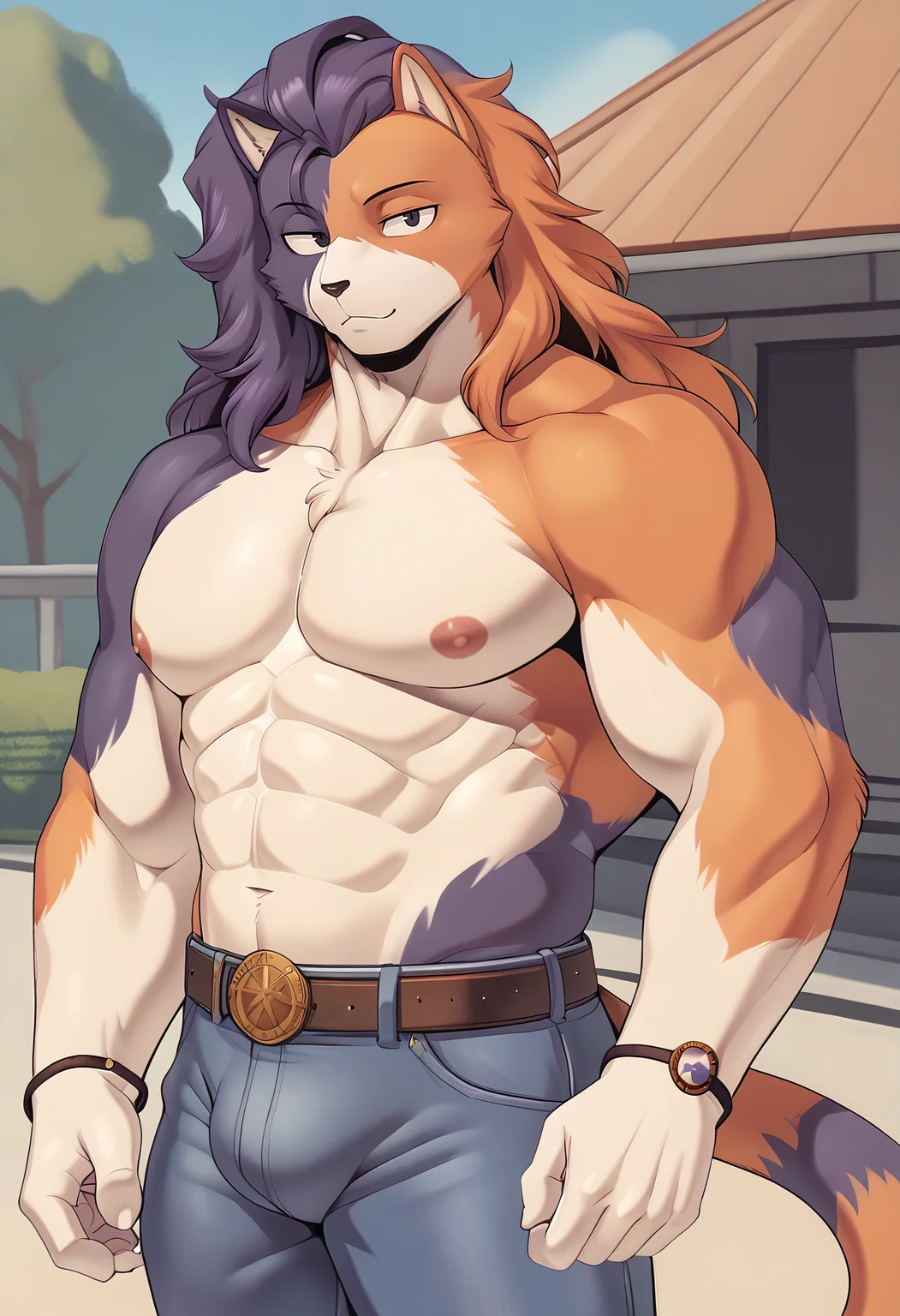 zPDXL3, <lora:Purradise_Meowscles:1> meowscales, 1boy, solo, male focus, muscular anthropomorphic cat, split-colored face orange and purple, long orange and purple hair, white fur with orange patches, round black eyes, brown leather bracelets, brown feline tail, :3, calico cat, black eyes, oval eyes, outside, muscular, manly, huge pecs, jeans, belt, topless, huge bulge, <lora:cervina-guy-PONYv1:1>, cervina style, cervina, looking at viewer
