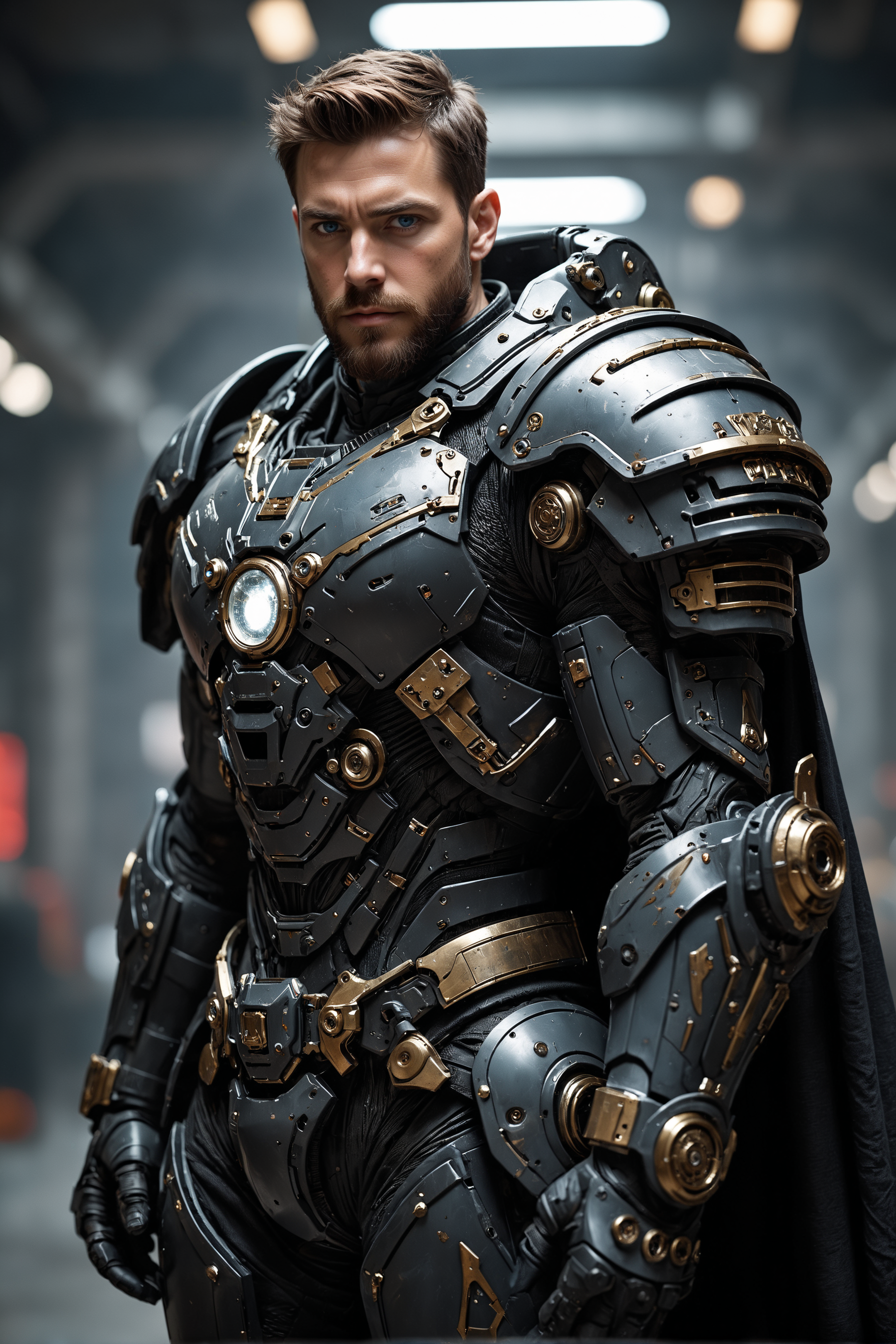 (masterpiece, best quality, ultra-detailed, best shadow), cinematic film still, photo of a man wearing a high tech scifi armor, mecha armor, male focus, armor, solo, facial hair, cape, beard, looking at viewer, blue eyes, blurry background, power armor, knee protection, standing, brown hair, science fiction