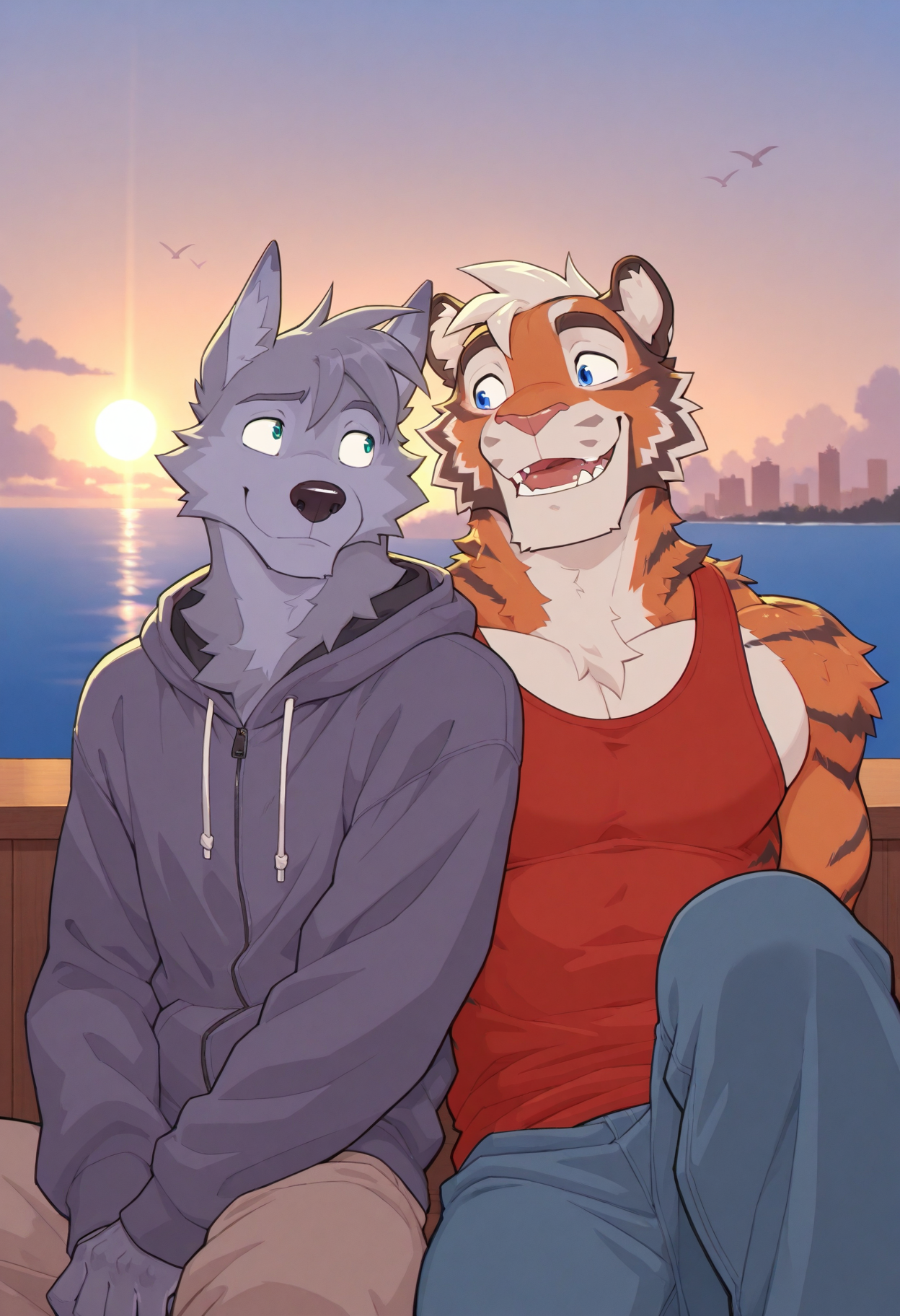 masterpiece, best quality, amazing quality, furry male, 2boys, lechi, bara, male focus, levi, wolf boy, hoodie, dachi, tiger boy, red tank top, looking at another, happy, sitting, side by side, on port, bird, sunset, sea, cityscape, outdoors, sun, cloud, from below, close up, cowboy shot