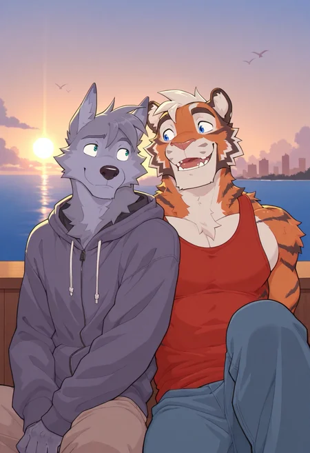 masterpiece, best quality, amazing quality, furry male, 2boys, lechi, bara, male focus, levi, wolf boy, hoodie, dachi, tiger boy, red tank top, looking at another, happy, sitting, side by side, on port, bird, sunset, sea, cityscape, outdoors, sun, cloud, from below, close up, cowboy shot