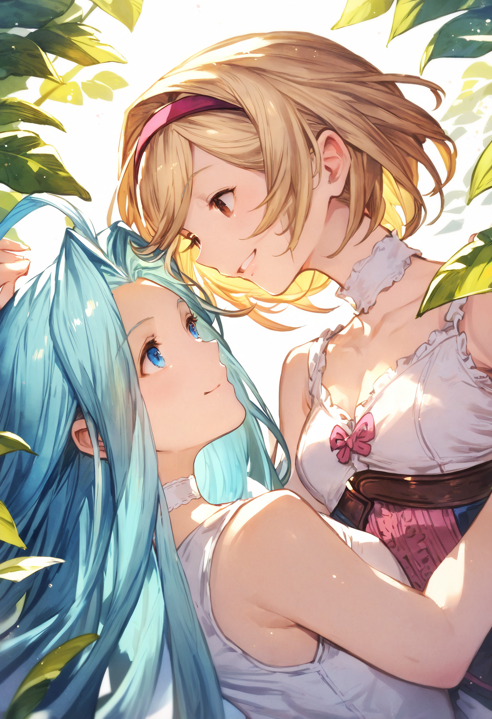 score_9, score_8_up, score_7_up,score_6_up, source_anime, best quality, aesthetic, absurdres, realistic, 
2girls, yuri, happy, smile, (clear eyes:1.1), 
lyria \(granblue fantasy\), very long hair, blue hair, blue eyes, (body_slim:1.1), small breasts, choker, white cami-dress, sleeveless,
djeeta \(granblue fantasy\), blonde hair, short hair, hairband, brown eyes,
 <lora:JitaRuri-Pony:0.8> jitaruri,
