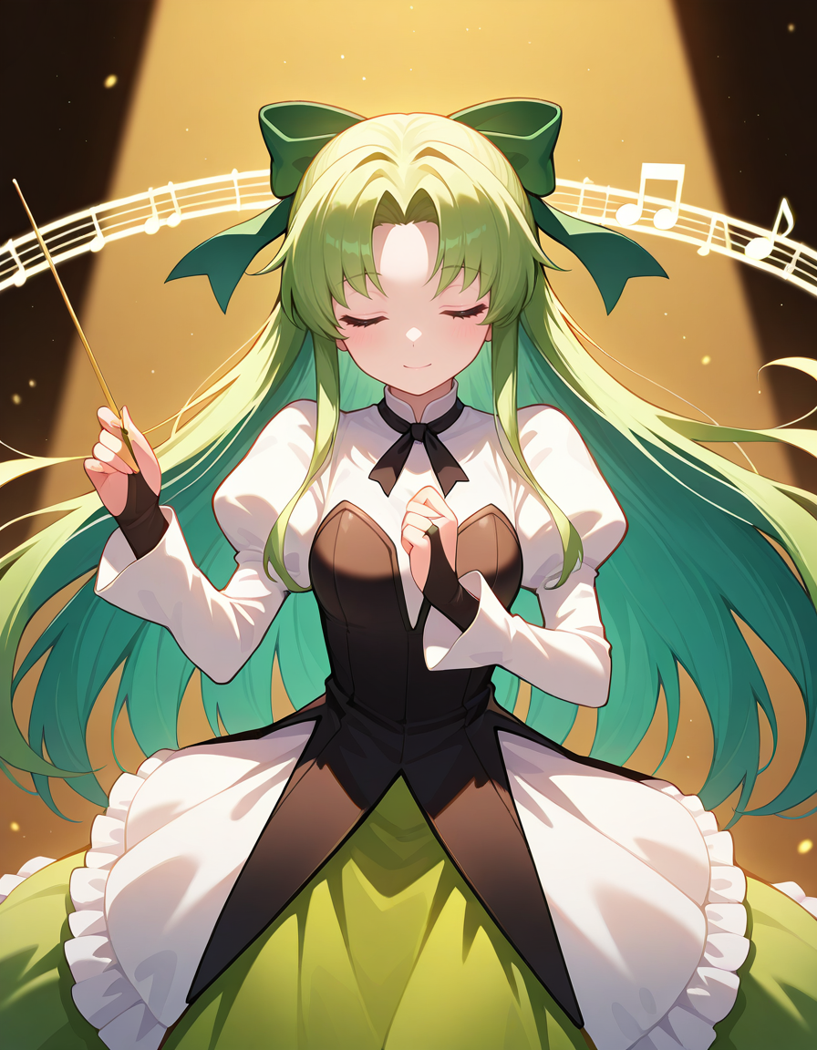 <lora:DHERivierafiaa_SDXL_illustrious_fp16_ver01:1>,DHERivierafiaa, 1girl, green long hair, green eyes, ribbon, dress, juliet sleeves, long sleeves, bridal gauntlets, hair bow,cowboy shot, musical note, closed eyes, conductor baton,staff (music), masterpiece, best quality, very aesthetic, absurdres,<lora:detailed_hands:1>,hand