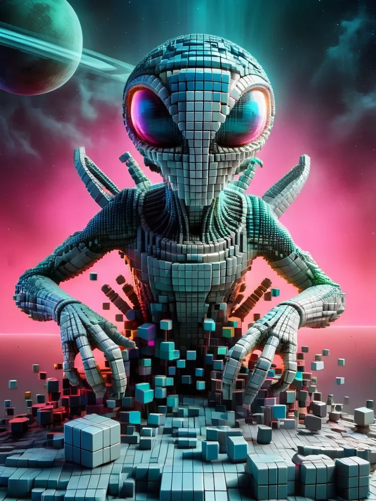 an alien on a futuristic spaceship in neon colors made of ral-3dcubes <lora:ral-3dcubes:1> on the surface of planet with smoke and neon lights in cosmic style