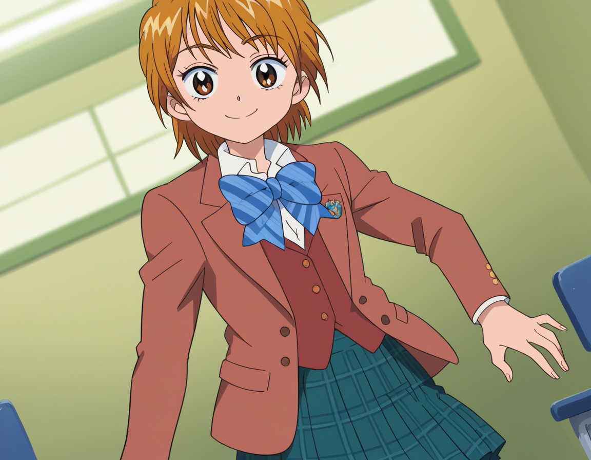 score_9, score_8_up, score_7_up, source_anime, <lora:nagisa-misumi-anime-ponyxl-lora-nochekaiser:1>, nagisa misumi, short hair, brown hair, brown eyes,, skirt, bow, school uniform, jacket, bowtie, blue bow, blazer, brown jacket, plaid, plaid skirt, green skirt, red blazer,, indoors, smile, looking at viewer, solo,, cowboy shot, dutch angle