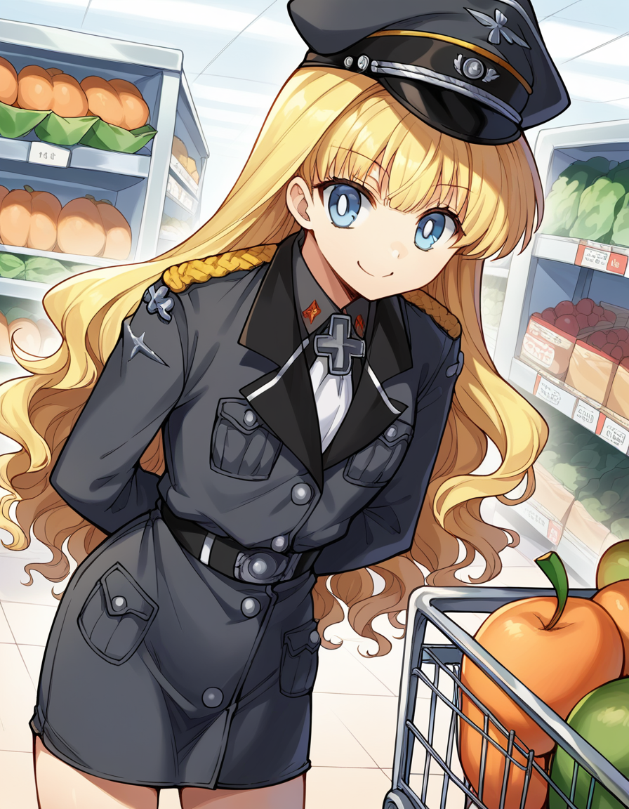 score_9, score_8_up, score_7_up, source_anime, <lora:retia-adolf-ponyxl-lora-nochekaiser:1>, retia adolf, blue eyes, blonde hair, wavy hair, bangs,, gloves, hat, military uniform, peaked cap, zettai ryouiki,, grocery store, shopping cart, picking fruits, everyday life, , , , hands behind back, bent over, smile, solo,, cowboy shot, dutch angle