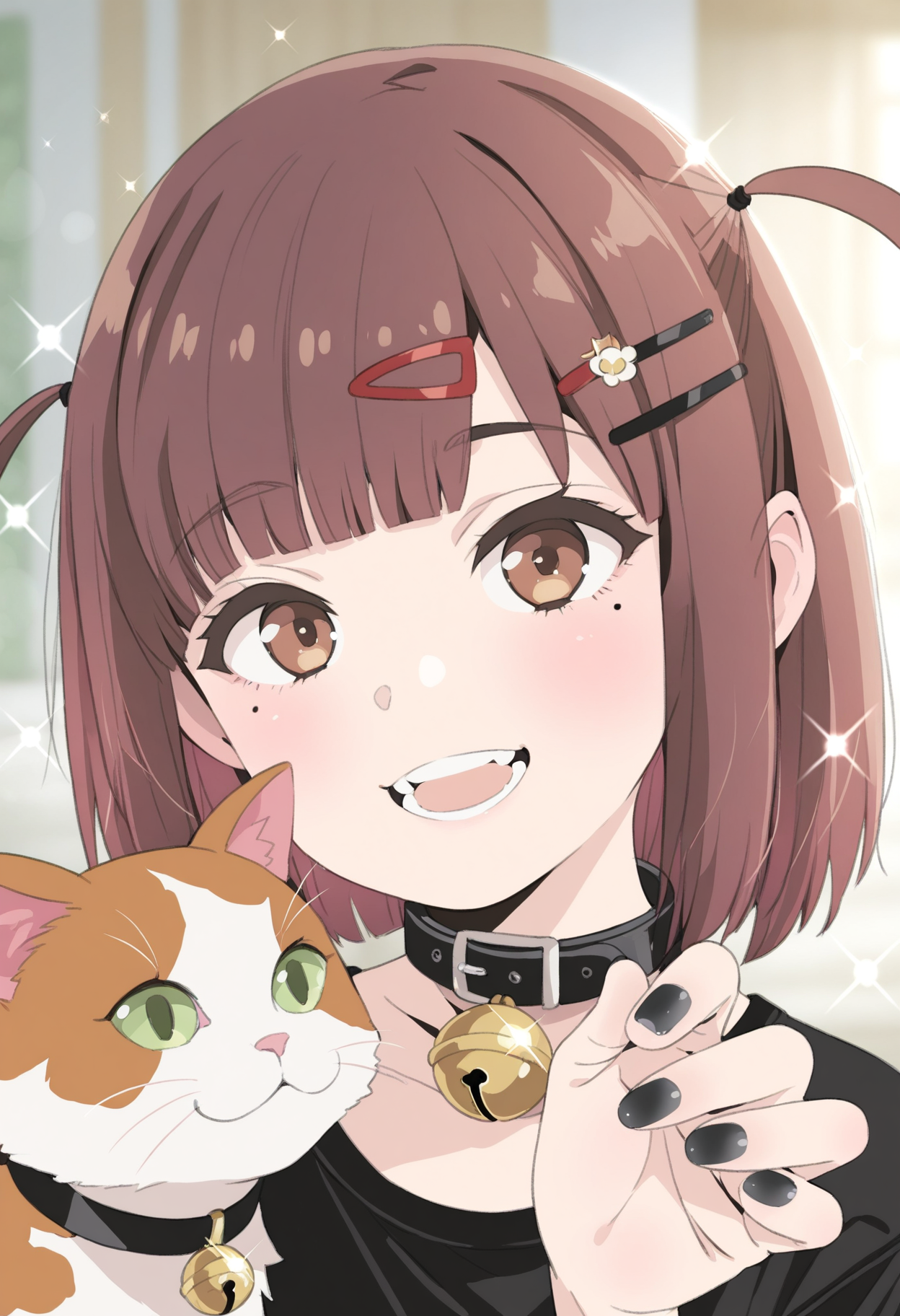 masterpiece,best quality,amazing quality,
1girl, cat, bell, brown hair, solo, neck bell, sparkle, looking at viewer, mole under eye, black nails, smile, teeth, mole, portrait, hair ornament, hairclip, open mouth, jingle bell, calico, nail polish, brown eyes, collar, bangs, black collar, shirt, black shirt,
 <lora:Saeki Tatsuya_epoch_9:1>