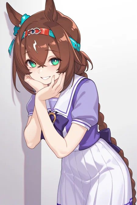 masterpiece, best quality, amazing quality,
<lora:SloBid_IL:1> slobid, 1girl, solo, brown hair, green eyes, tracen school uniform, horse ears, long hair, smile, skirt, school uniform, animal ears, looking at viewer, white skirt, braid, shirt, sailor collar, short sleeves