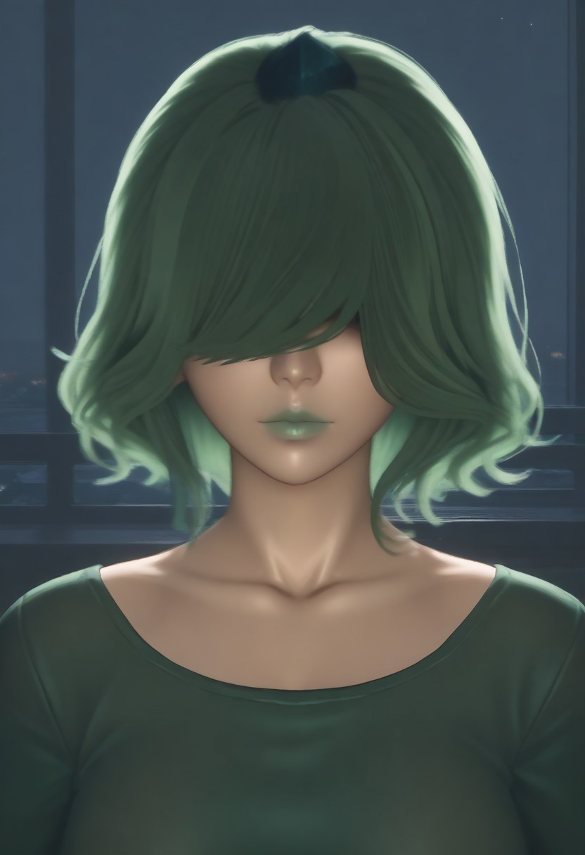 1girl, solo, solo focus, highres, absurdres, CL_Levit, long bangs, hair over eyes, green hair, lipstick, shiny lips, green lips, short hair, wavy hair,
green shirt, close-up, face focus,
looking at viewer, head tilt, closed mouth, 
indoor, cityscape, neon lights, window, dark, night, night sky, light particles, backlighting, shade,