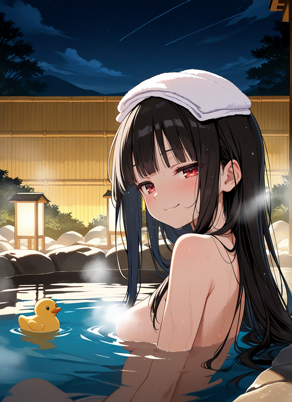 1girl, solo, black hair, red eyes, hime cut, long hair, naked, steam censor, wet, very sweaty, body submerged, towel on head, convenient censoring, smug, partially submerged, looking at viewer, from side, akanbe, onsen, night, steam, rubber duck, steamy, <BREAK> , masterpiece, amazing quality, best quality, ultra-detailed, 8K, illustration, CG, anime coloring,