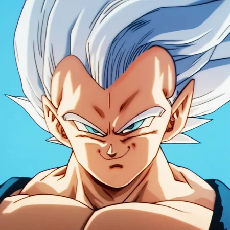 dbz_cc, score_9, score_8_up, score_7_up, score_6_up, Uuulttiiinsstt, vegeta, black eyes, cowboy shot, face portrait, white hair, (grey eyes), happy, smiling