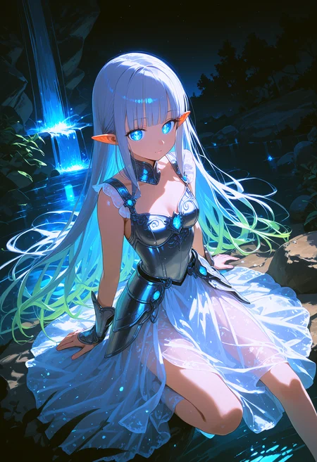 score 9, 1girl, girl knight, beautiful detailed eyes, glowing eyes, blunt bangs, gradient hair, pointy ears, [pearl:opal:0.5] armor, armored dress, 
waterfall, scenery, outdoors, wariza, sitting, from above, looking at viewer,
detailed Illustration, official artwork, wallpaper, official art, night, dappled moonlight,
<lora:bioluminescent_dress-PD-1.0-full:0.4> bioluminescent dress,
<lora:detailed_backgrounds_v2:0.4>
<lora:IOS_Iridescent_opal_style:0.4>
<lora:absurdres_quality:0.4> masterpeice, best quality, very aesthetic, absurdres