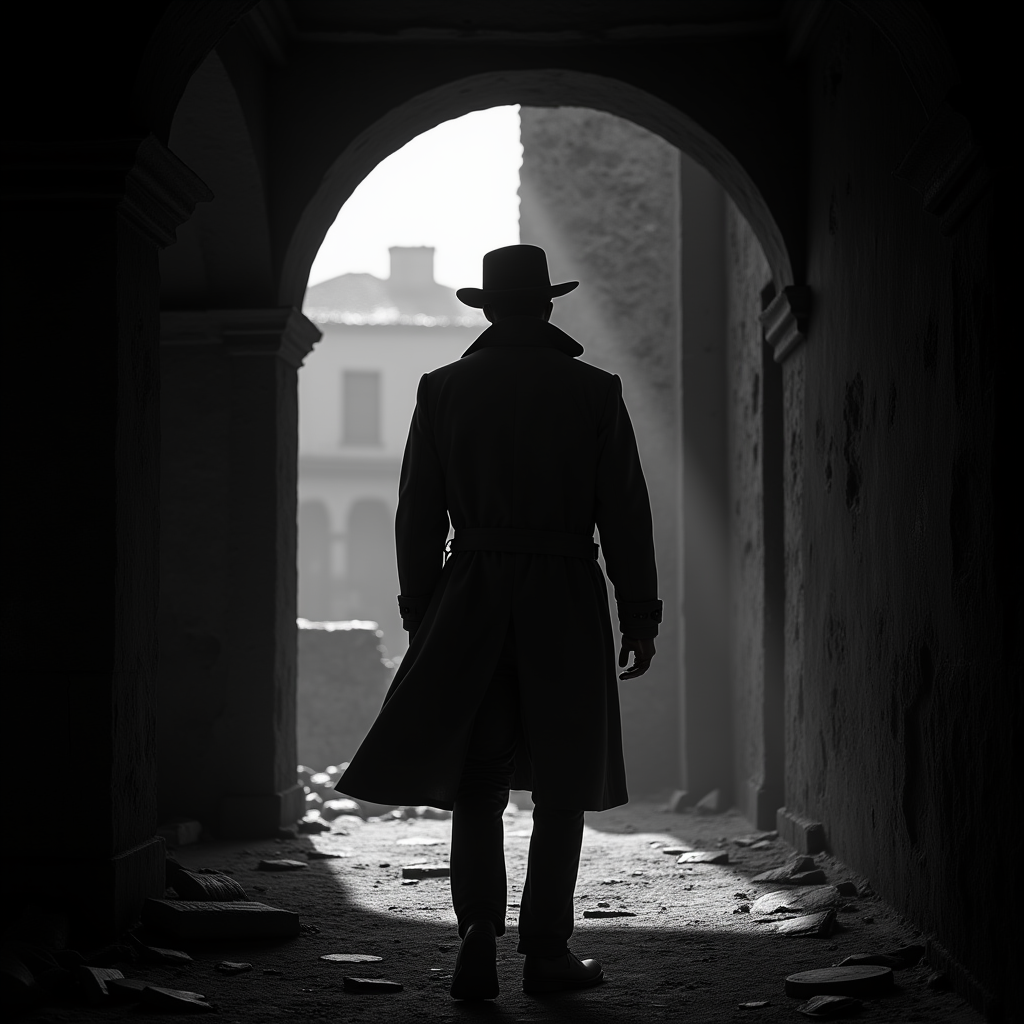 <lora:Chiaroscuro Lighting Style v1:1>
Chiaroscuro Lighting Style of a man in a trench coat walking through a tunnel, sharp, detailed, perfect, perfection, realism, cinematic exposure, cinematic color, cinematic contrast, dramatic style, cinematic style, dramatic shadow, partially covered in shadow, Chiaroscuro Lighting Style, solo, 1boy, hat, standing, monochrome, male focus, indoors, from behind, coat, window, scenery, 1other, dark, building, silhouette, ruins, full body