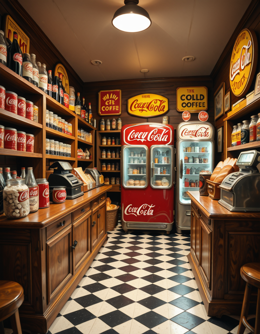 A vintage 1950s grocery store filled with nostalgic details. Wooden shelves neatly stocked with classic canned goods, glass soda bottles, and colorful retro packaging. An old-fashioned cash register sits on the wooden counter, next to a small scale for weighing produce. The checkered black-and-white tile floor adds to the mid-century charm, while hand-painted signs on the walls advertise milk, bread, and coffee in bold, retro fonts. A display of penny candy in glass jars sits near the entrance, and a vintage Coca-Cola refrigerator hums in the background. Soft, warm lighting casts a nostalgic glow over the scene, enhancing the rich textures of wood, glass, and metal, capturing the essence of a bygone era.
<lora:SDXLFaeTastic2400:0.4> <lora:extremely_detailed:0.4> extremely detailed
,1950s grocery st0r3, <lora:1950s_grocery_st0r3-i:1>, Masterpiece,best quality,hi res,8k,hi res,8k,award winning,(sharp focus, intricate, highly detailed),