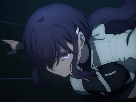 1girl, solo, upper body, 
 style-ufotable, chiaroscuro, high contrast, 
    flying ,in air,  night ,close-up,  leaning forward ,fighting stance, 
metal string, reaching, foreshortening, 
dark purple hair, purple eyes, hair over one eye, long bangs, low ponytail, hair white bow,hairclip, 
long sidelocks,
medium breasts, 
cropped jacket, white jacket, black shirt, sleveless shirt,  black miniskirt, 
speed line, motion blur, 
,masterpiece, best quality, newest, absurdres, highres,
 <lora:style_ufotable_v1:1>