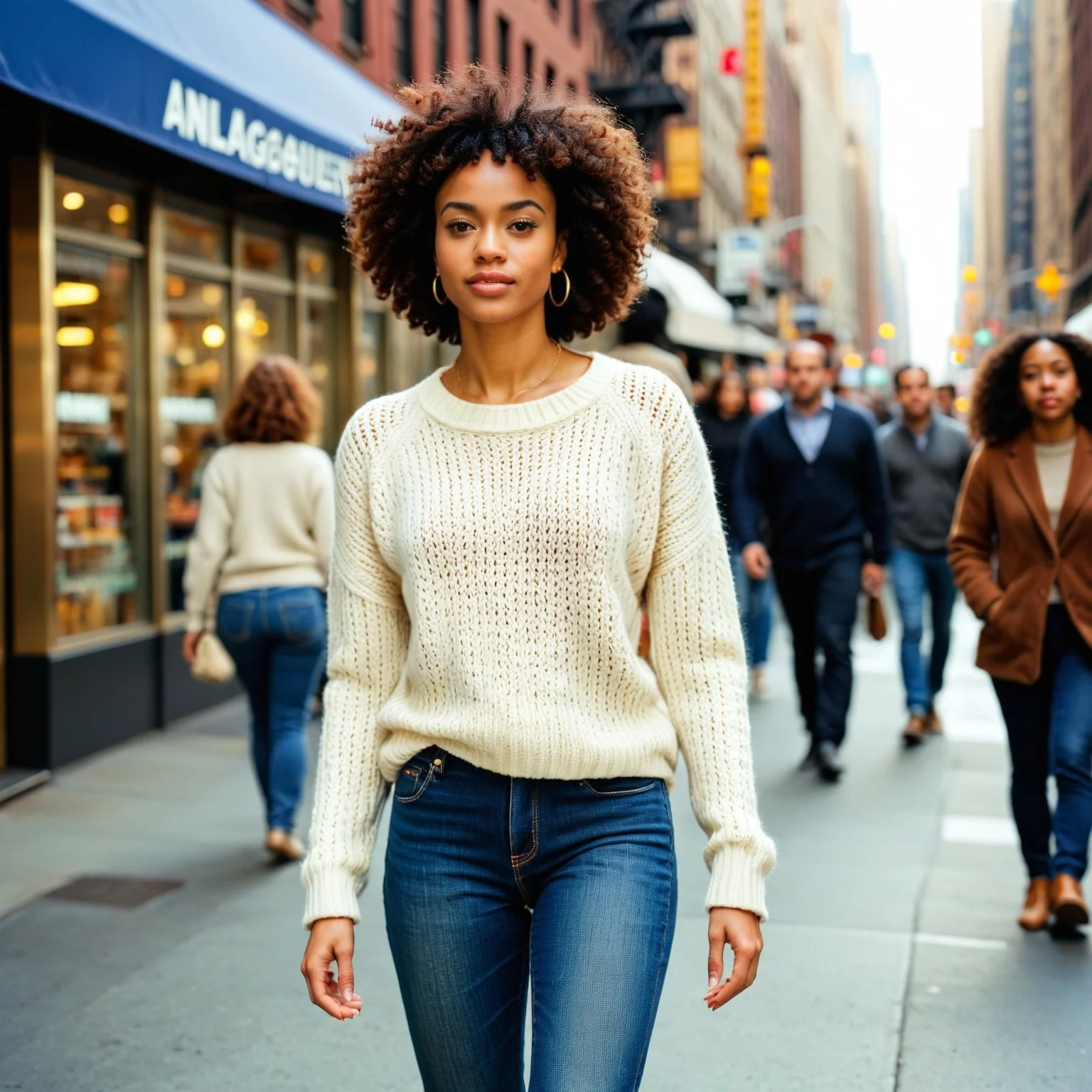 analog photograph of a stunningly beautiful biracial woman wearing jeans and sweater walking down the busy street of New York City, very aesthetic, raw, photo, real, photorealistic, photorealism, hyperrealistic, hyperrealistic, realistic, real life