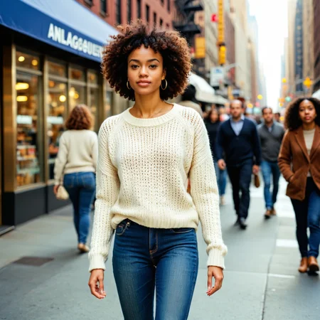 analog photograph of a stunningly beautiful biracial woman wearing jeans and sweater walking down the busy street of New York City, very aesthetic, raw, photo, real, photorealistic, photorealism, hyperrealistic, hyperrealistic, realistic, real life