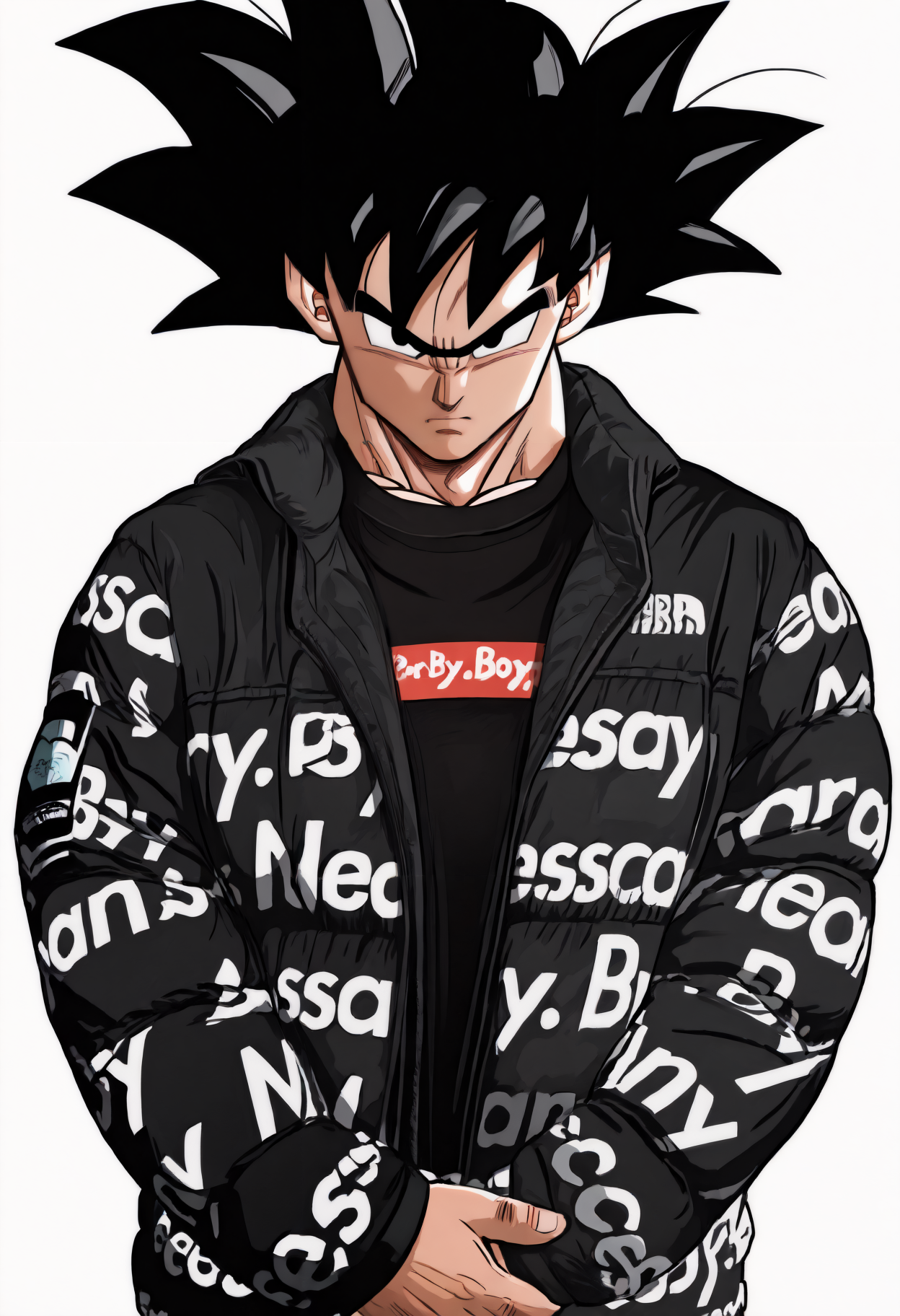 masterpiece, best quality, simple background, white background, closed mouth, 1boy, solo, son goku, black hair, spiked hair, black eyes, looking at viewer, serious, 
black jacket, black shirt, long sleeves, clothes writing, own hands together
<lora:Drip Meme:1>
