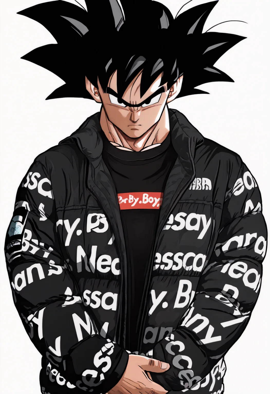 masterpiece, best quality, simple background, white background, closed mouth, 1boy, solo, son goku, black hair, spiked hair, black eyes, looking at viewer, serious, 
black jacket, black shirt, long sleeves, clothes writing, own hands together
<lora:Drip Meme:1>