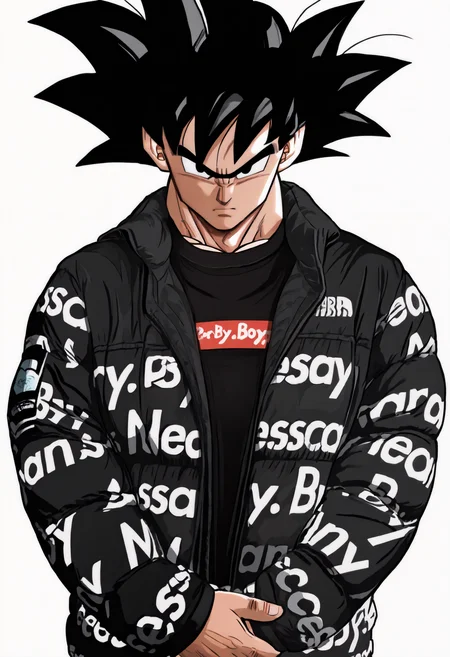 masterpiece, best quality, simple background, white background, closed mouth, 1boy, solo, son goku, black hair, spiked hair, black eyes, looking at viewer, serious,
black jacket, black shirt, long sleeves, clothes writing, own hands together
<lora:Drip Meme:1>