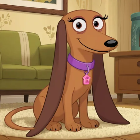 score_9, score_8_up, score_7, source_cartoon, Strudel(PP), Solo, 1girl, feral, dog, dachshund, brown fur, black eyes, long dog ears, black nose, dog tail, purple collar, pink dog tag, full body, looking at viewer, sitting, smile, living room background,