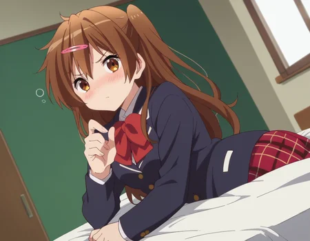 score_9, score_8_up, score_7_up, source_anime,
shinkanibutani, <lora:shinka-nibutani-s2-ponyxl-lora-nochekaiser:1>,
shinka nibutani, long hair, brown hair, hair ornament, brown eyes, hairclip, one side up,
skirt, school uniform, jacket, plaid, kneehighs, plaid skirt, blazer, icho private high school uniform, blue blazer,
indoors, bed, bed room, on side, blush, drunk,
looking at viewer, cowboy shot, dutch angle, solo,