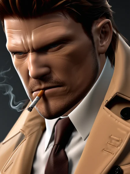 suit, trenchcoat, , brown mullet  <lora:young_solid_snake:1>, upper body, 4k, hyperdetailed, smoking a ciggerate, headshot, close up